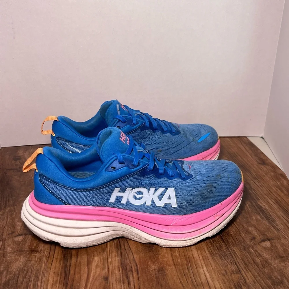 Hoka Womens Bondi 8 Running Coastal Sky All Aboard Sneakers Shoes Blue Pink 8.5B
